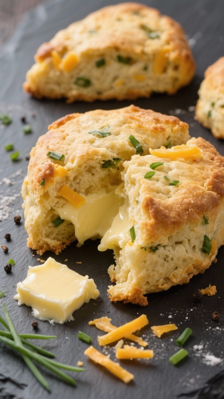 Close-up three-quarter shot of Savory Cheddar Chive Scones: golden, craggy scones with visible shreds of cheddar and flecks of chive, made from a dough of flour, baking powder, baking soda, kosher salt, black pepper, and cold cubed butter; layered, buttery interior shown via a split scone with melting butter; a few extra chives and grated cheddar scattered on the slate.