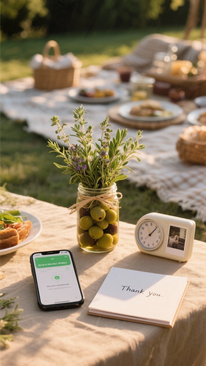 Close-up vignette celebrating good hosting: a small bouquet of herbs and a jar of olives as a tasteful host gift, a phone showing a punctual arrival window reminder, a shared timer set for coordinated pack-up, and a printed thank-you note beside a compact photo album; warm late-afternoon light, gentle shadows, calm farewell mood with tidy picnic elements in the background.