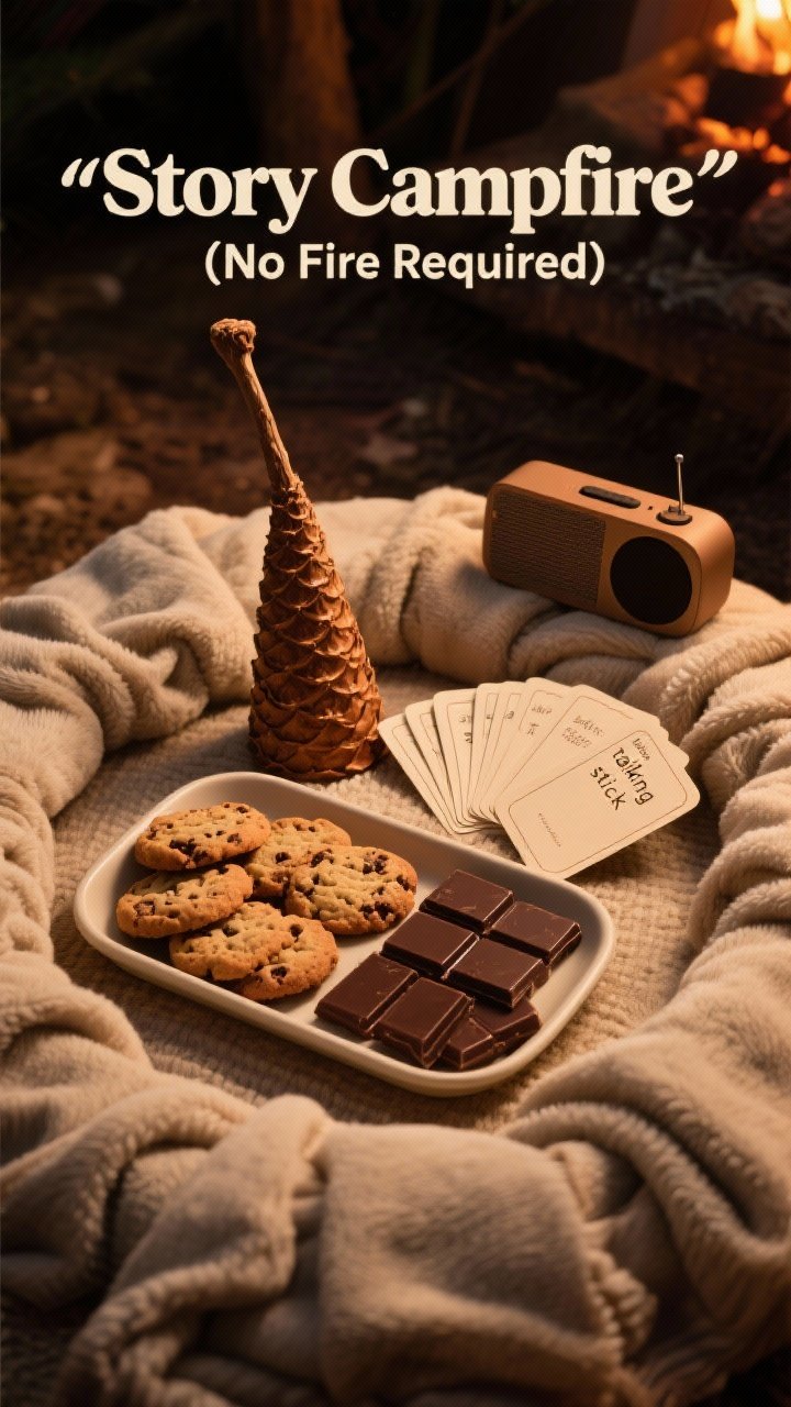 Cozy, straight-on vignette for “Story Campfire (No Fire Required)” treats: a circle of folded blankets with a low tray of cookies and chocolate squares, a “talking stick” (pinecone) centered, story prompt cards fanned out, and a small portable speaker off to the side. Warm, intimate lighting; rich cookie textures; soft, inviting color palette.