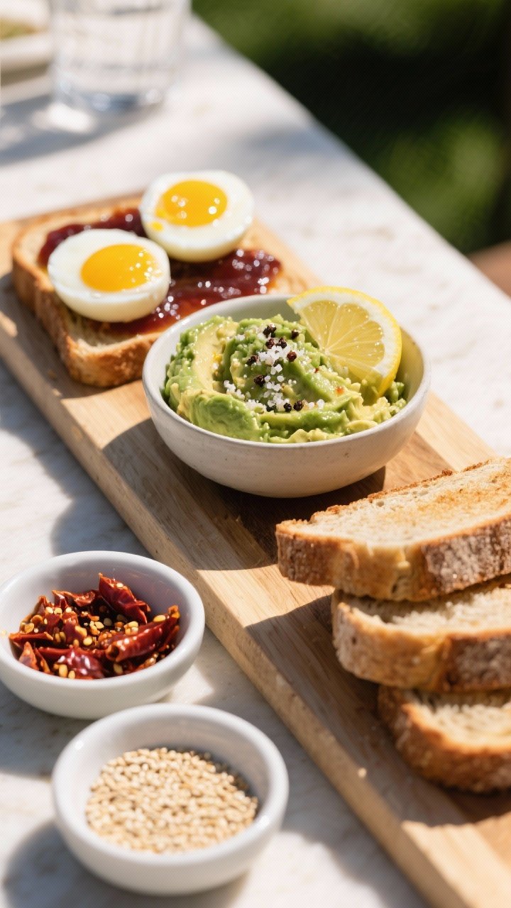 Deconstructed picnic toasts, 45-degree angle: a board with jammy 7-minute eggs halved (golden yolks glistening), a smashed avocado bowl seasoned with lemon juice, kosher salt, and black pepper, sturdy sourdough toasts cooled and stacked, and small dishes of chili crisp and toasted sesame seeds; serve-yourself vibe, bright natural light emphasizing creamy, crunchy, and spicy elements.