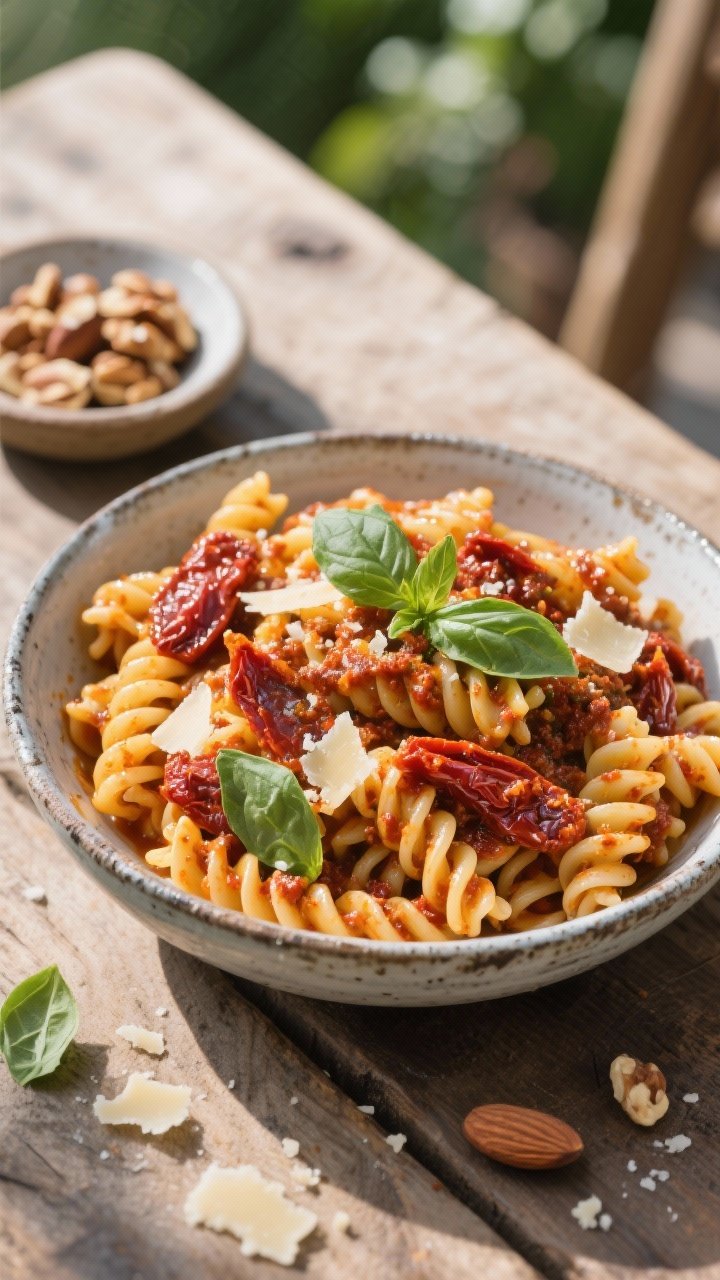 Dynamic 45-degree pasta twirls: fusilli coated in sun-dried tomato pesto made from sun-dried tomatoes, reserved tomato oil, fresh basil, toasted almonds, and grated Parmesan; garnished with torn basil and extra cheese, the glossy sauce clinging to every spiral; shot in a rustic enamel bowl on a breezy outdoor wooden table, a small dish of toasted nuts nearby.