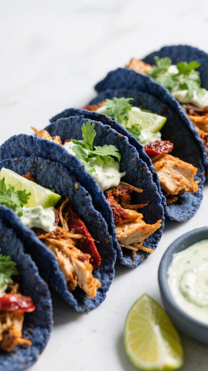 Dynamic 45-degree taco spread of Midnight Indigo blue corn chicken tacos: blue corn tortillas filled with shredded chili- and smoked paprika-seasoned chicken with cumin and a hint of garlic, topped with lime crema, cilantro, and a squeeze of lime; a small bowl of extra crema and lime wedges nearby; deep indigo and vibrant green contrast, clean background, sharp focus on taco textures.