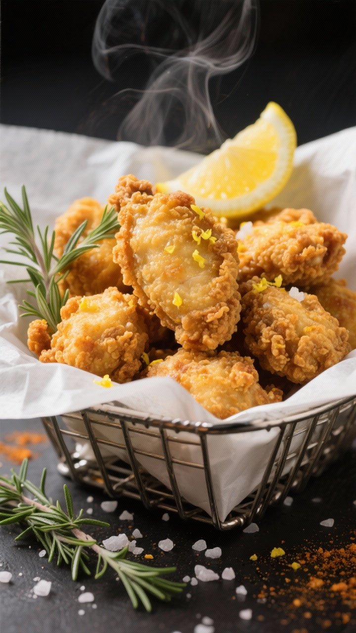 Dynamic close-up of lemon-thyme fried chicken bites: crispy golden nuggets made from buttermilk-marinated chicken thighs with lemon zest, lemon juice, thyme, garlic and onion powder; piled in a paper-lined basket with lemon wedges and thyme sprigs, coarse salt crystals visible, steam hints and ultra-crunchy texture captured.