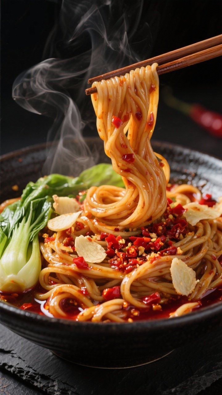Dynamic close-up of volcano chili oil noodles: wide wheat noodles slicked in deep red chili oil, thinly sliced garlic chips and grated ginger clinging to strands, crushed red pepper shimmering, wilted bok choy folded through. Steam rising, glossy shine, chopsticks lifting a swirl to showcase texture and heat; dark ceramic bowl on a black slate for drama.