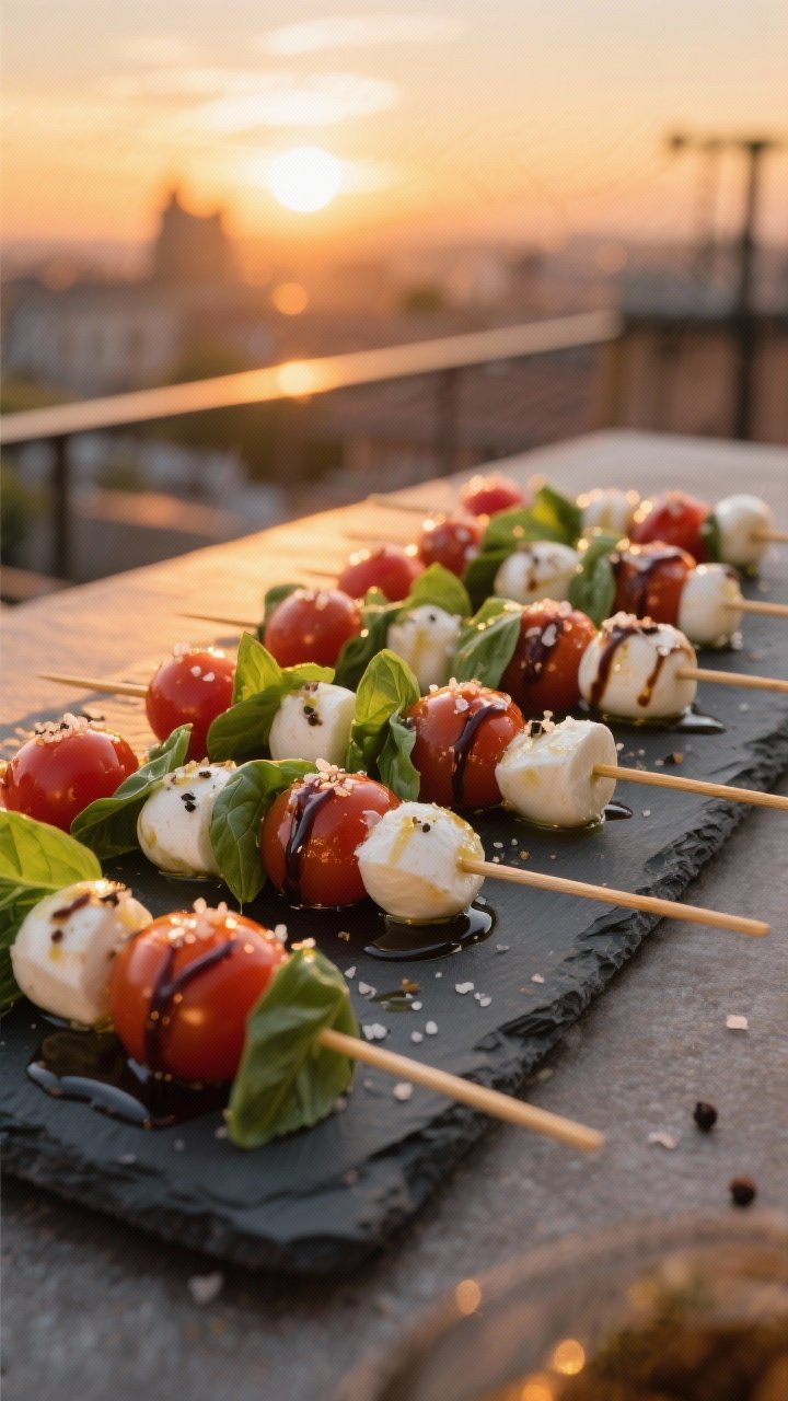 Golden hour rooftop scene: an overhead shot of Sunset Caprese skewers arranged in neat rows on a matte slate board—each skewer with cherry tomato, mini mozzarella (bocconcini), and fresh basil leaf—glistening with extra-virgin olive oil and a balsamic glaze drizzle, finished with flaky sea salt and visible flecks of freshly ground black pepper; warm sunset light, shallow shadows, no people.