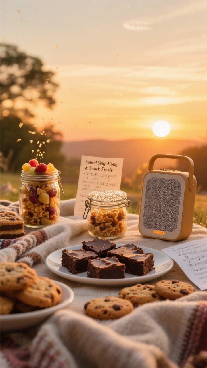 Golden-hour straight-on “Sunset Sing-Along & Snack Finale” dessert scene: small portable speaker beside printed lyric sheets; jars of fruit crisps with bubbly tops, a plate of fudgy brownies and chewy cookies arranged on layered blankets/light jackets. Warm sunset glow, rich dessert textures, inviting and celebratory.