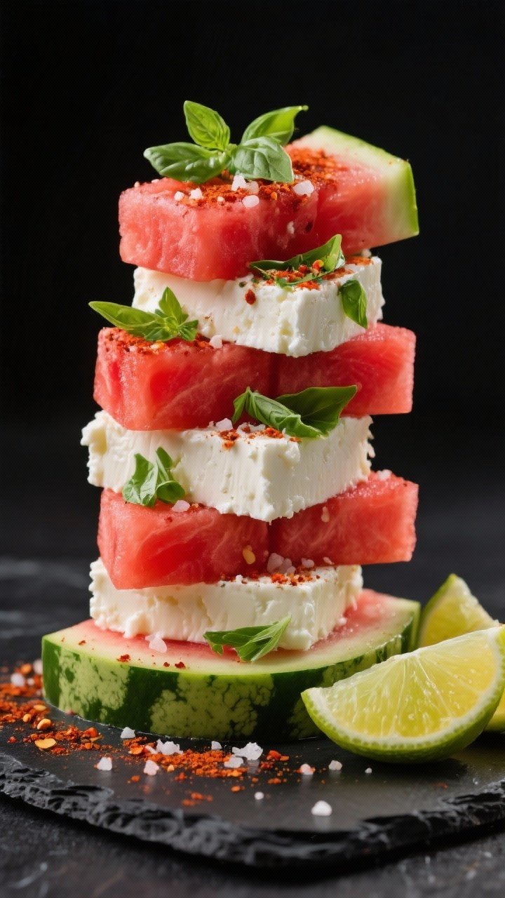 Graphic, straight-on stack composition: Watermelon Feta Stacks—alternating 1-inch cubes of seedless watermelon and feta forming neat towers; basil chiffonade scattered over, a dusting of chili powder and flaky sea salt sparkling on surfaces; lime wedges at the side ready to squeeze; stark black slate background to make the red, white, and green pop.