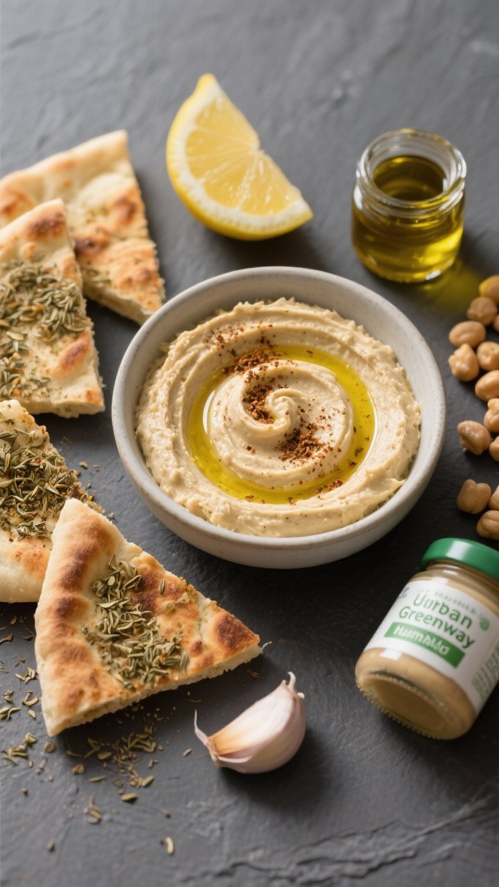 Ingredient-forward overhead scene for Urban Greenway Hummus Snack Pack: creamy hummus swirled with olive oil and a dusting of cumin in a shallow bowl, surrounded by za’atar-spiced warm pita wedges, lemon halves, tahini drizzle, a peeled garlic clove, chickpeas, and a small jar of extra olive oil; minimalist slate background emphasizing smooth and crunchy textures.