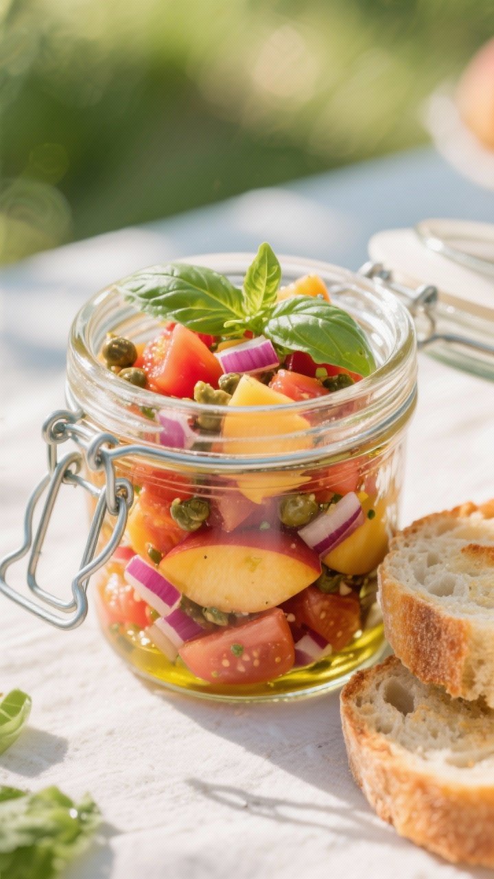 Ingredient-in-jar shot at 45 degrees: Zesty Tomato-Peach Bruschetta layered in small glass jars—diced ripe tomatoes and peaches, finely chopped red onion, capers, and fresh basil; a sheen of olive oil visible; toasted baguette slices on the side; vibrant summer colors, bright daylight, picnic-ready portability.