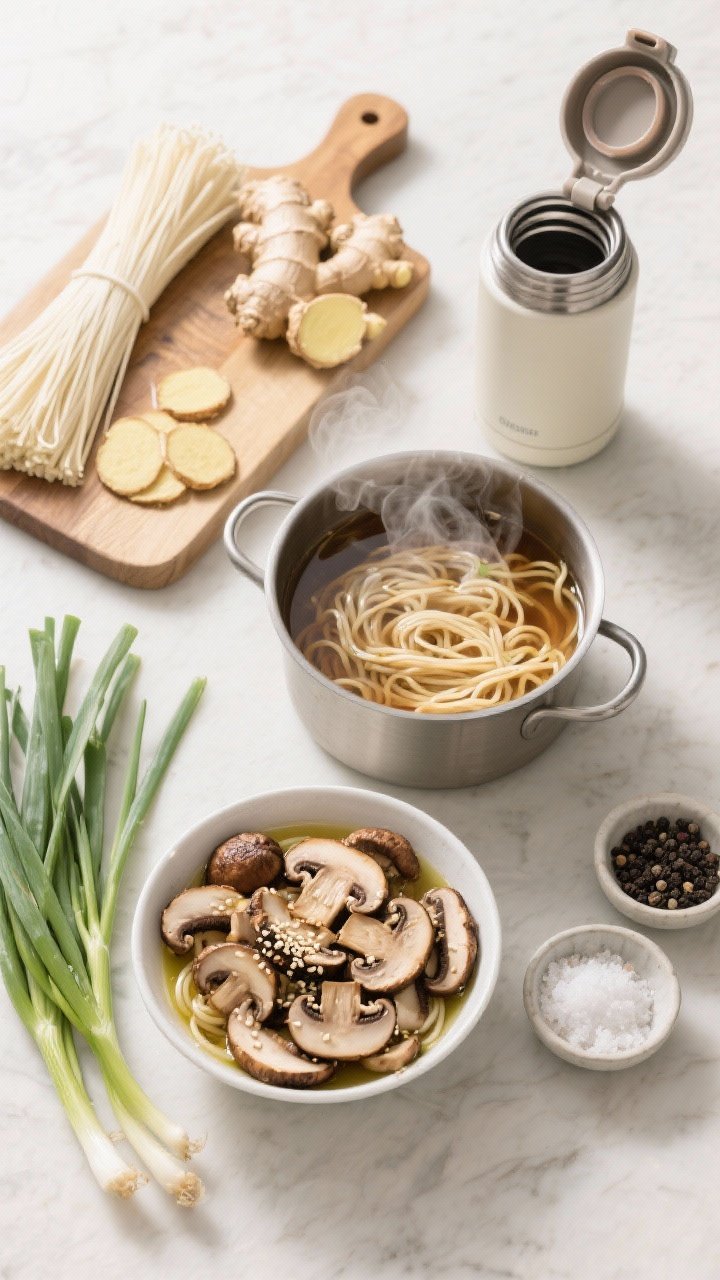 Ingredient-prep flat lay for ginger-miso noodle thermos bowls: sliced shiitake/baby bella mushrooms tossed with sesame oil, ready to roast; steaming pot of low-sodium broth whisked with white miso and soy sauce, fresh ginger coins on a board; bundles of noodles, scallions, and a thermos open; salt and black pepper pinch bowls; clean, minimalist styling with warm steam.