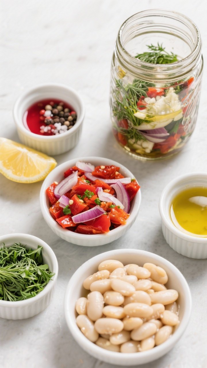 Ingredient-prep overhead of marinated white bean salad components before tossing: drained cannellini beans, chopped roasted red peppers, thinly sliced shallot, chopped parsley and dill, lemon wedges, olive oil, red wine vinegar, salt and pepper in small ramekins; a large jar ready for layering, bright and herb-forward.