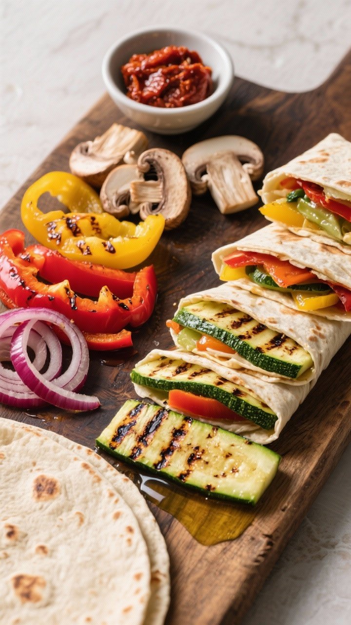 Ingredient-prep to final assembly scene at 45 degrees: grilled zucchini planks with charred edges, red and yellow bell pepper quarters blistered, thick red onion rings caramelized, and halved cremini mushrooms—all arranged beside tortillas; a small bowl of sun-dried tomato whip ready to spread; finished antipasto wraps sliced to show colorful veggie layers, olive oil sheen, rustic board with minimal props.