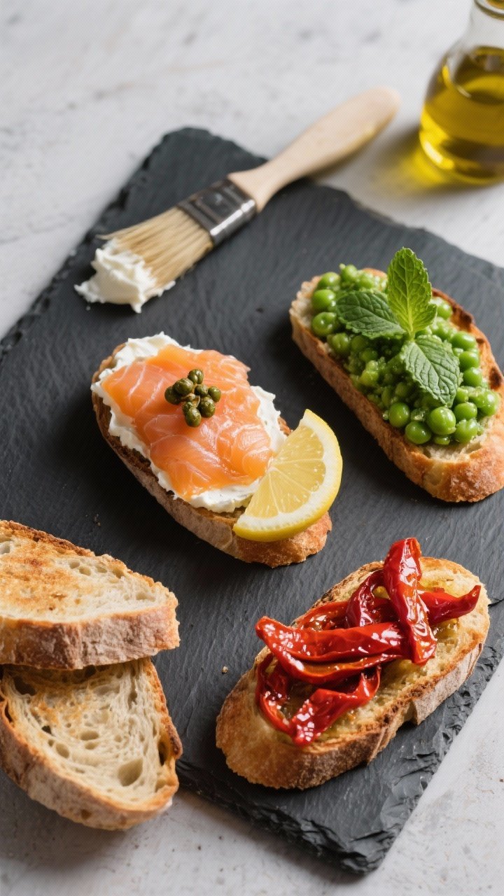 Ingredient-to-finish trio on a slate board, 45-degree angle: three savory tartines. 1) Smoked salmon over cream cheese with capers and a lemon wedge alongside. 2) Pea smash tartine (vibrant green, slightly chunky) with a few mint leaves. 3) Roasted red pepper ribbons on lightly oiled, toasted sourdough slices. Show the small rustic loaf, olive oil brush, and a knife with cream cheese smear. Clean composition, saturated colors, crisp toast texture.