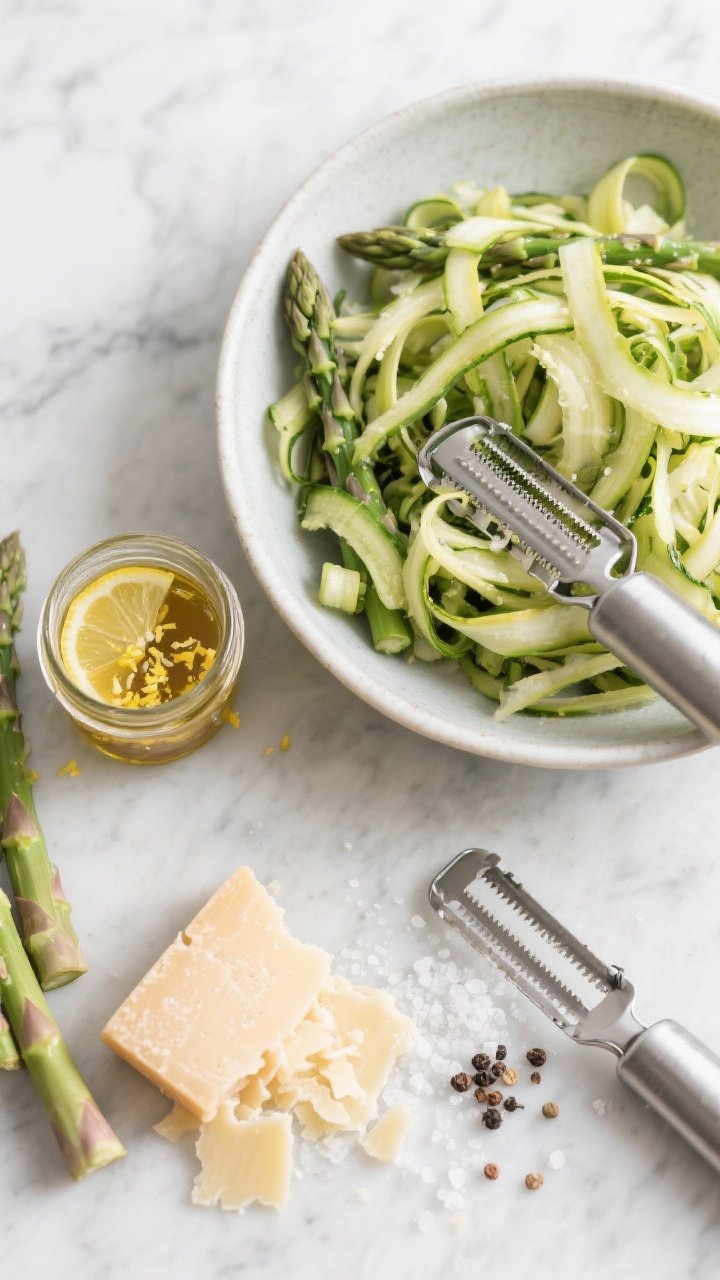 Ingredients-and-prep overhead of Crunchy Asparagus Ribbon Salad: thin asparagus shaved into ribbons with a peeler, piled in a large bowl beside a small jar of dressing (lemon juice, lemon zest, Dijon, honey, extra-virgin olive oil), a mound of shaved Parmesan, flaky salt, and cracked pepper; zester and peeler in frame, clean marble surface, crisp and minimal composition.
