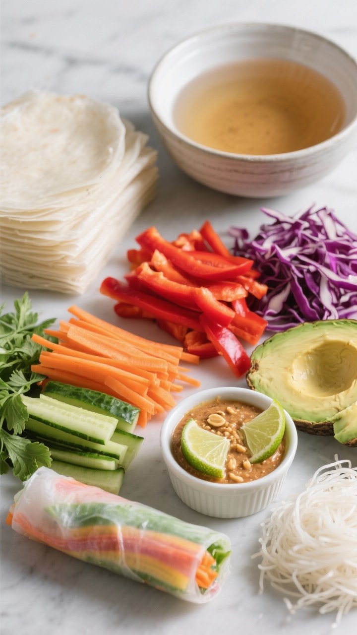 Ingredients/prep scene, overhead: rice paper wrappers stacked, a bowl of warm water, neat piles of red bell pepper strips, shredded purple cabbage, julienned carrot and cucumber, ripe avocado slices, fresh herbs, and optional cooked rice vermicelli; a partially rolled rainbow rice paper roll showing layers; small ramekin of tangy peanut-lime dip with lime wedges.
