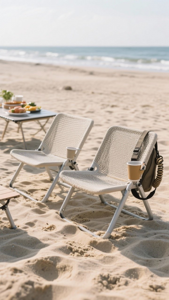 Low 45-degree perspective showcasing a pair of low-lounge chairs set on sand: two foldable chairs at 5–8 inch seat height facing a simple picnic setup, breathable mesh backrests catching light, wide feet pressing into sand for stability, carry sling/backpack straps coiled at the side, and a clip-on cup holder attached to one arm; airy coastal mood, sharp detail on mesh texture.