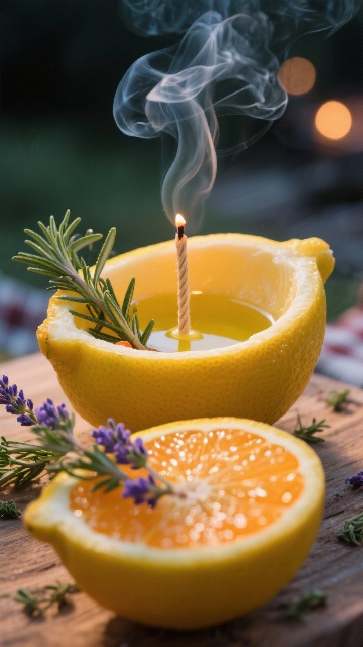 Macro 45-degree shot of citrus candle boats: halved oranges and large lemons hollowed into cups, each holding vegetable or olive oil with a short wick (or cotton string) centered; fresh rosemary, thyme, and lavender sprigs gently smoldering for herb-scented smoke; warm, glossy citrus skin textures, tiny wisps of aromatic smoke curling upward, evening picnic backdrop blurred.