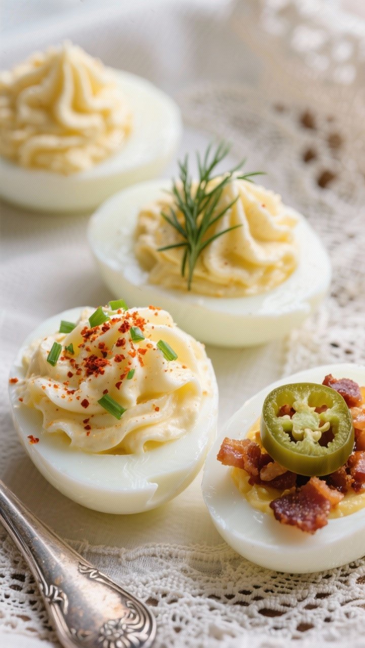 Macro close-up of deviled eggs three ways on lace-trimmed linens: velvety yolk filling with mayonnaise, Dijon, and white vinegar piped high; toppings arranged in distinct rows—classic paprika and chives, dill with smoked paprika, and pickled jalapeños with crispy bacon bits; sharp focus on creamy texture, soft falloff to vintage silverware.