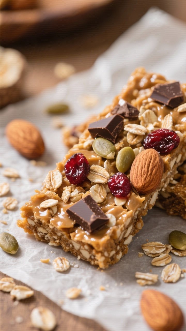 Macro close-up of Maple-Almond Energy Bars With Chocolate Chunks: cut bars on parchment showing oats, chopped roasted almonds, pumpkin seeds, dried cherries/cranberries, and dark chocolate chunks bound with glossy almond butter and maple syrup; a few loose seeds and crumbs for texture; warm side lighting emphasizing chewiness and shine.