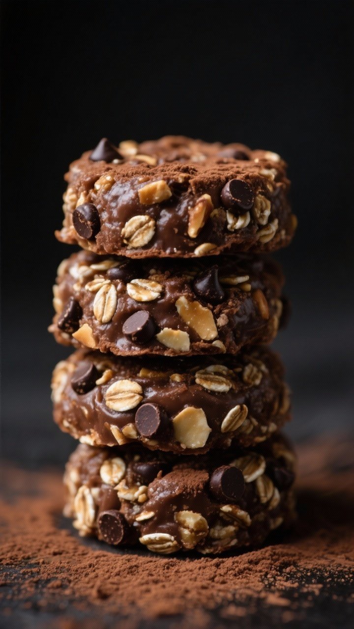 Macro close-up of no-melt chocolate oat bites arranged in a staggered stack: rolled oats bound with nut or seed butter and maple/honey, cocoa powder throughout, dotted with mini dark chocolate chips (optional) and chopped nuts or seeds, with a light dusting of cocoa; matte dark backdrop to enhance contrast, showing firm, portable texture.