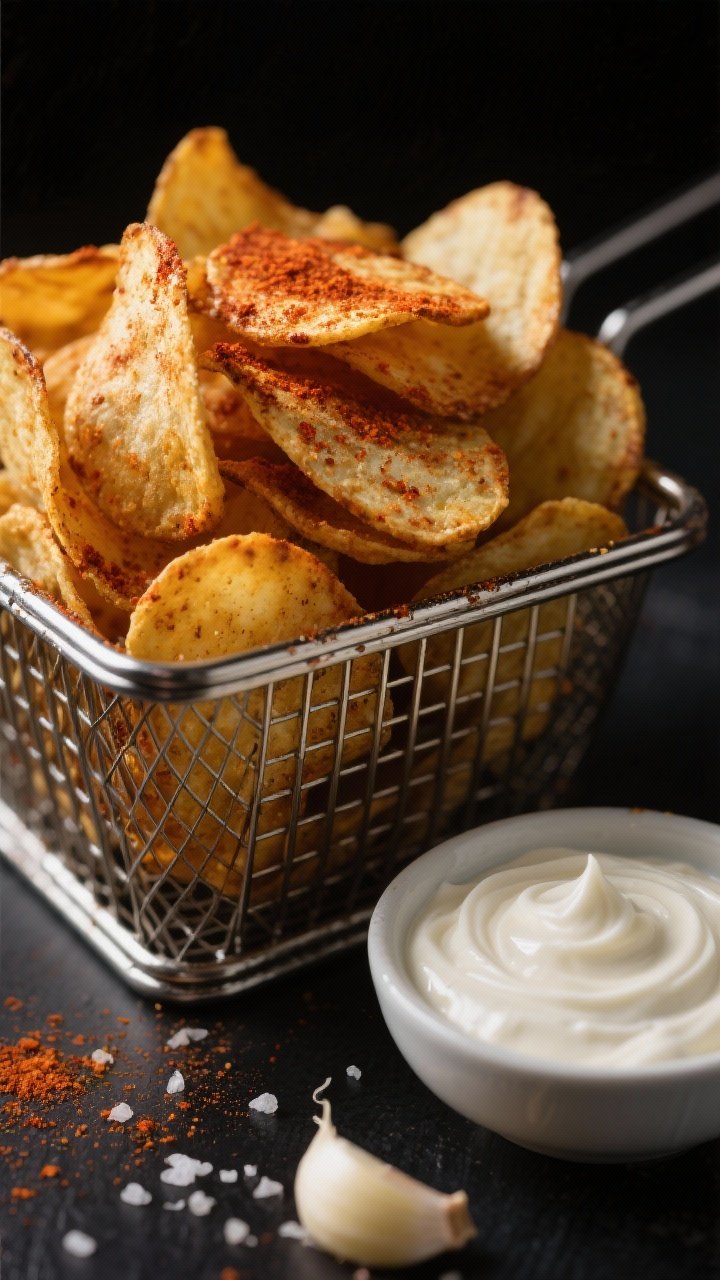 Macro close-up of smoky paprika potato chips just out of the fryer, piled high in a metal basket; chips are blistered and glassy with a deep golden hue, dusted with smoked paprika, garlic powder, and kosher salt; beside them, a swirl of thick garlic Greek yogurt dip in a small bowl with grated garlic visible; moody contrast lighting to emphasize crunch.