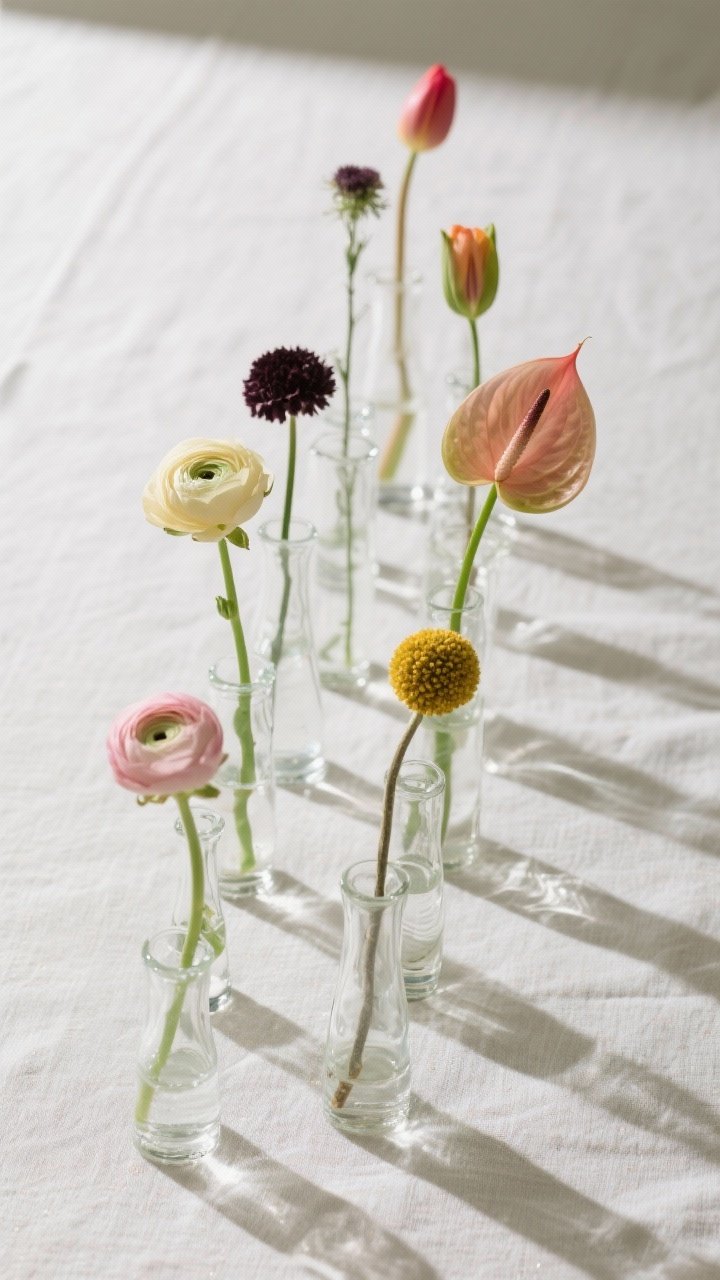 Minimalist overhead lineup of single-stem bud vases: 7–11 mixed-height glass vases each holding a statement stem—ranunculus (buttercream/blush), scabiosa (dark or pastel), parrot tulip or anthurium for sculptural shape, and billy balls/craspedia for pop; negative space, clean linen backdrop, precise shadows, emphasis on silhouette and color contrast.
