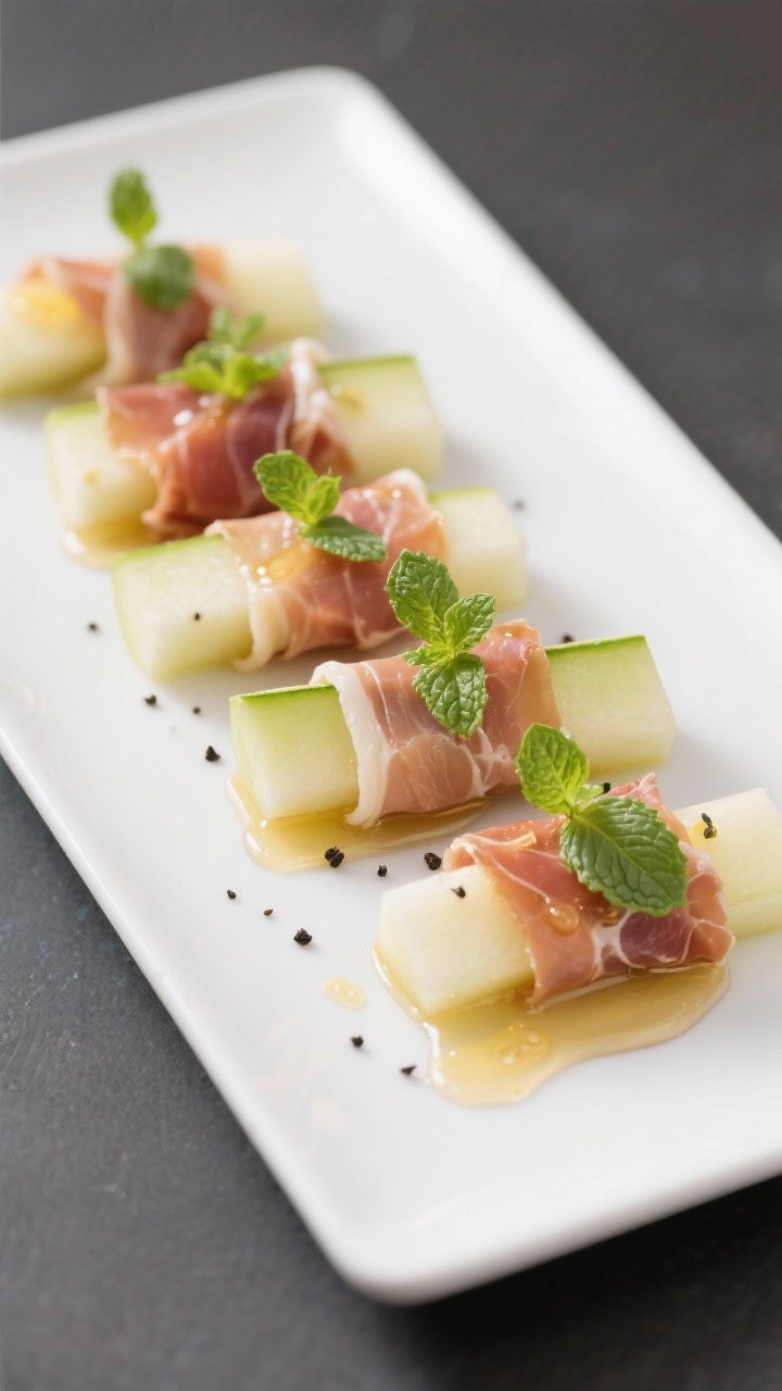Minimalist plated presentation at 45 degrees: Prosciutto, Melon, and Mint Wraps—sleek cantaloupe or honeydew sticks wrapped in translucent ribbons of prosciutto, topped with fresh mint leaves; glossy drizzle of honey and visible freshly cracked black pepper, a hint of lemon juice brushed on the melon; arranged in alternating rows on a cool white platter.