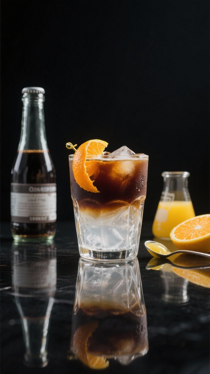 Minimalist straight-on shot of Cold Brew Citrus Tonic in a rocks glass: layered deep coffee over clear tonic with ice, delicate carbonation lines, orange peel twist and a tiny lemon juice brightness; ingredients staged nearby—bottle of strong cold brew, chilled tonic water, a small beaker with fresh orange juice and a spoon with lemon juice; cool, modern bar vibe with dark background and precise reflections.