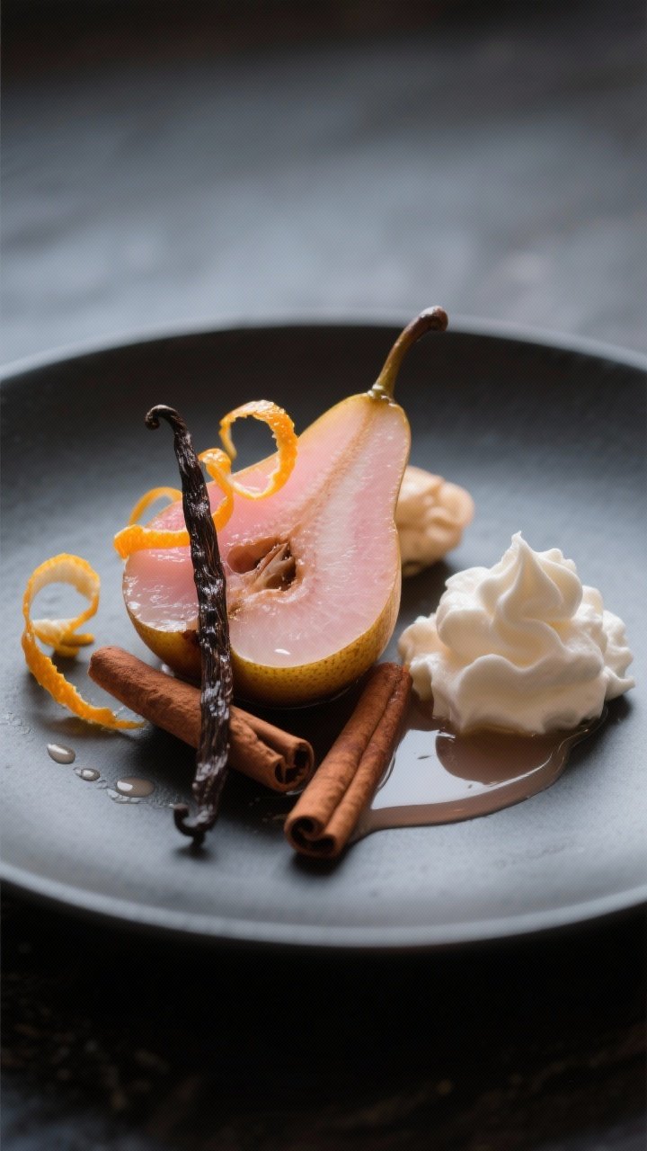 Moody 45-degree angle dessert shot of rosé-poached pears: halved Bosc/Anjou pears tinted blush from the wine, arranged with curls of orange zest, a vanilla bean, and a cinnamon stick; served with a quenelle of vanilla mascarpone “clouds” on the side, light syrup pooling on a dark plate; elegant, softly diffused light.