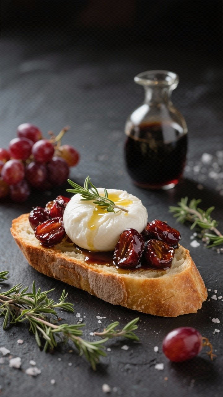 Moody 45-degree crostini scene: Burrata and Roasted Grape Crostini—baguette rounds brushed with olive oil, topped with torn creamy burrata; glossy roasted red grapes lacquered with balsamic vinegar and honey; finished with fresh thyme leaves and a pinch of salt; extra thyme sprigs and a small carafe of balsamic nearby for ambiance.