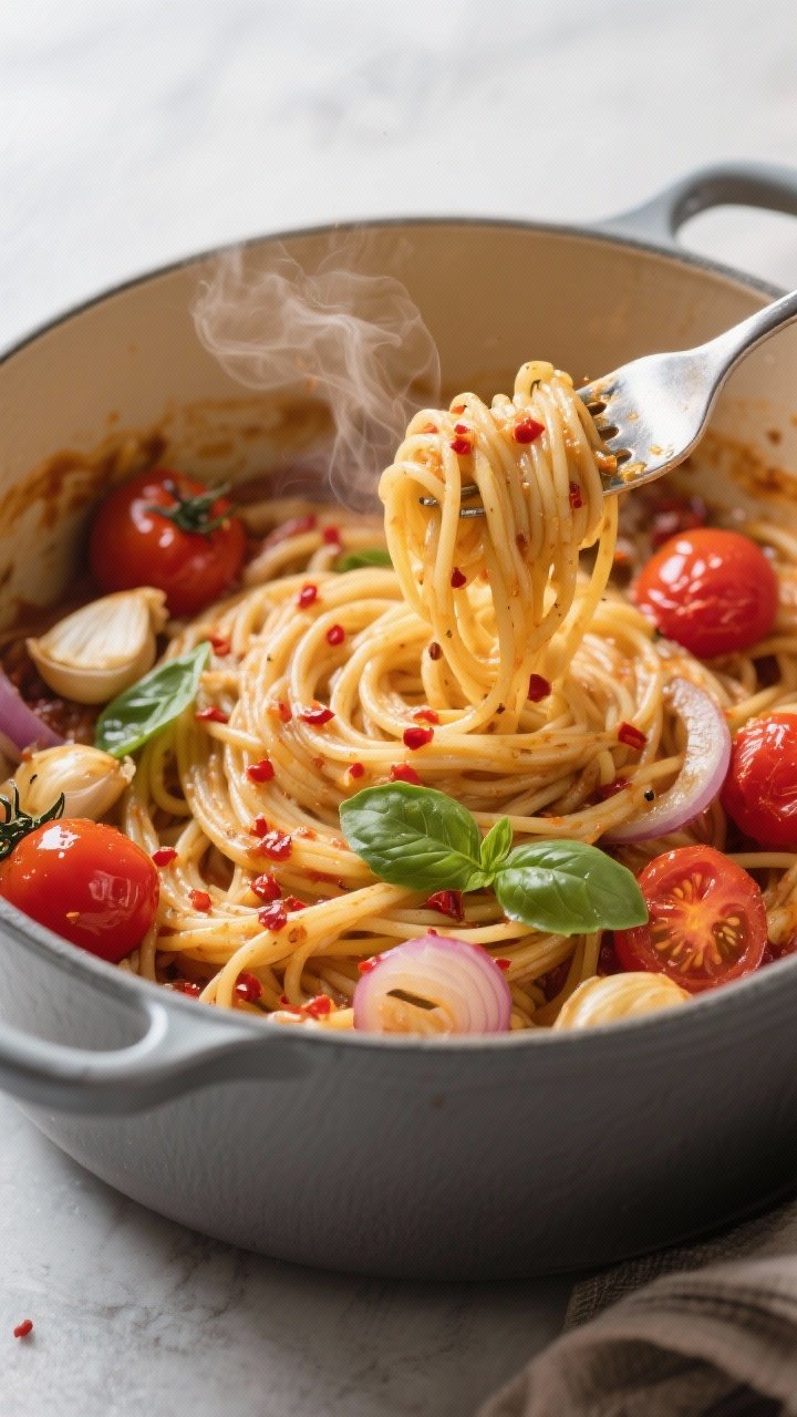 Overhead action shot of one-pot pasta in a shallow Dutch oven: spaghetti nestled among burst cherry tomatoes, thinly sliced onion, and garlic, with glistening starchy sauce; red pepper flakes speckled throughout, a few torn basil leaves added at the end; steam curling up, tongs lifting a glossy strand to show texture, bright tomatoes and golden garlic contrasting a matte pot.
