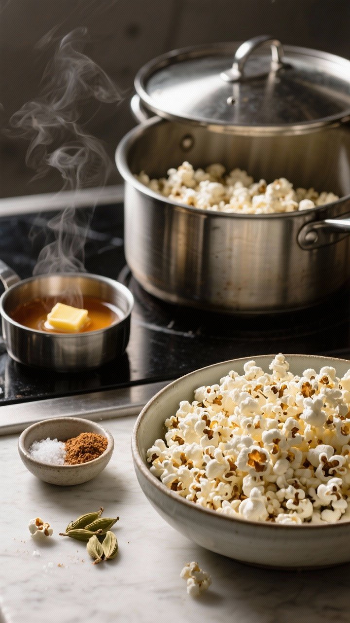 Overhead action shot of stovetop maple-cardamom popcorn: a stainless pot mid-pop with lid slightly ajar, white kernels bursting; small saucepan of melted butter and maple syrup with steam, a pinch bowl of ground cardamom and cinnamon, fine sea salt ready to sprinkle; finished glossy popcorn spilling into a large bowl; cinematic contrast, flickering light.