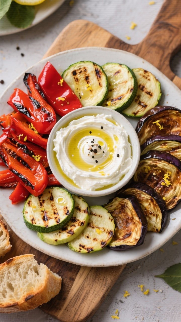 Overhead antipasto platter: blistered red bell pepper strips, seared zucchini coins with char marks, and caramelized eggplant half-moons arranged around a central bowl of whipped ricotta (lemon zest, lemon juice, olive oil) with a silky swirl; salt and pepper sprinkled, olive oil droplets glinting; rustic board with grilled bread slices at the edge, milestone-celebration feel.