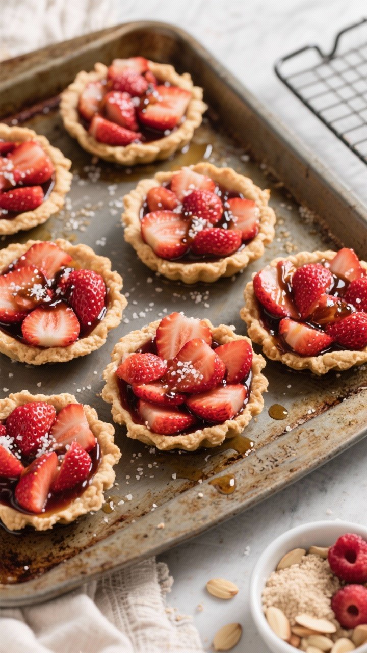 Overhead baking tray of rustic strawberry-balsamic hand tarts: almond-inflected crust (AP flour + almond flour) with crimped edges, filled with glossy sliced strawberries tossed in balsamic and sugar; a few juices bubbling at vents; coarse sugar sparkle on golden tops; cooling rack nearby, small bowl of almond flour and hulled berries as styling accents.