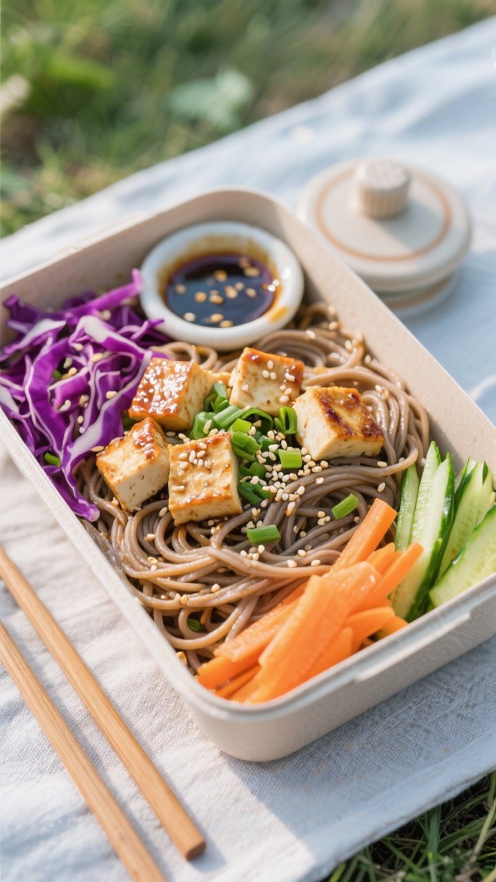 Overhead bento-style noodle box: chilled soba noodles tossed with sesame dressing, topped with cubed tofu seared with soy sauce and sesame oil, shredded red cabbage, julienned carrot, and matchsticked cucumber. Sprinkle toasted sesame seeds and sliced scallions. Include a small lidded sauce container and chopsticks. Cool, refreshing palette with purples, oranges, and greens against buckwheat noodles; glossy tofu edges, minimal picnic setup.