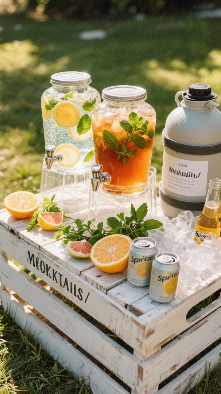 Overhead beverage bar on a picnic crate: two big-batch nonalcoholic options—sparkling water with citrus wheels and mint, and iced tea with fresh mint—served in clear dispensers; optional chilled wine/canned spritzes/beer nestled on ice at the side, plus an insulated growler labeled for mocktails/cocktails; sliced citrus, fresh herbs, and condensation for refreshment, sun-dappled highlights.