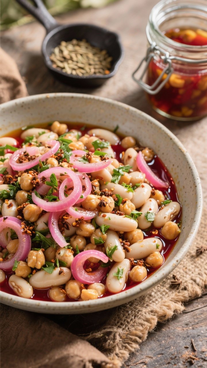 Overhead bowl of campfire-style bean salad: cannellini and chickpeas tossed with toasted cumin, pickled shallots (pink, translucent rings), chopped herbs, olive oil shine, and red wine vinegar brightness; cumin seeds in a tiny skillet to the side, a jar of pickling brine nearby; hearty, trail-ready feel with bold textures and contrasting colors.