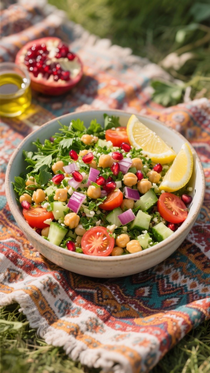 Overhead bowl of chickpea picnic “tabbouleh”: plump chickpeas tossed with diced cucumber, quartered cherry tomatoes, finely chopped red onion, heaps of chopped flat-leaf parsley, and ruby pomegranate arils; lemon wedges and olive oil nearby hinting at dressing, bright and crunchy textures emphasized, colorful boho napkin underneath for picnic mood.