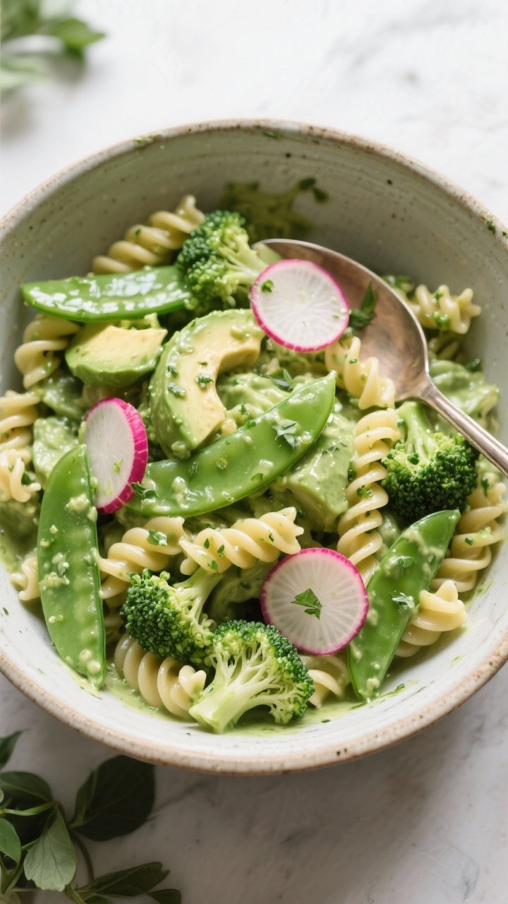Overhead bowl of garlicky green goddess pasta salad: fusilli or cavatappi tossed in a creamy green goddess dressing, with sliced snap peas, blanched broccoli florets, thinly sliced radishes, and optional diced avocado added at serving; herbs flecking the sauce, vibrant greens and pink radish rings popping, presented in a large ceramic bowl with a serving spoon.