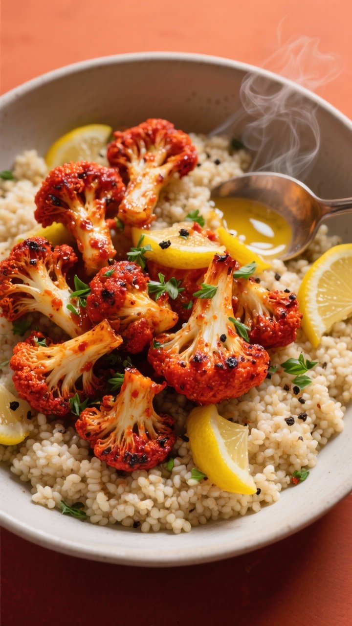 Overhead bowl of harissa-roasted cauliflower couscous: deeply roasted cauliflower florets stained red with harissa, nestled into fluffy couscous; preserved lemon slivers and chopped herbs sprinkled on top; olive oil sheen, black pepper specks; a spoon showing steam; warm reddish-orange palette with bright yellow pops of preserved lemon.