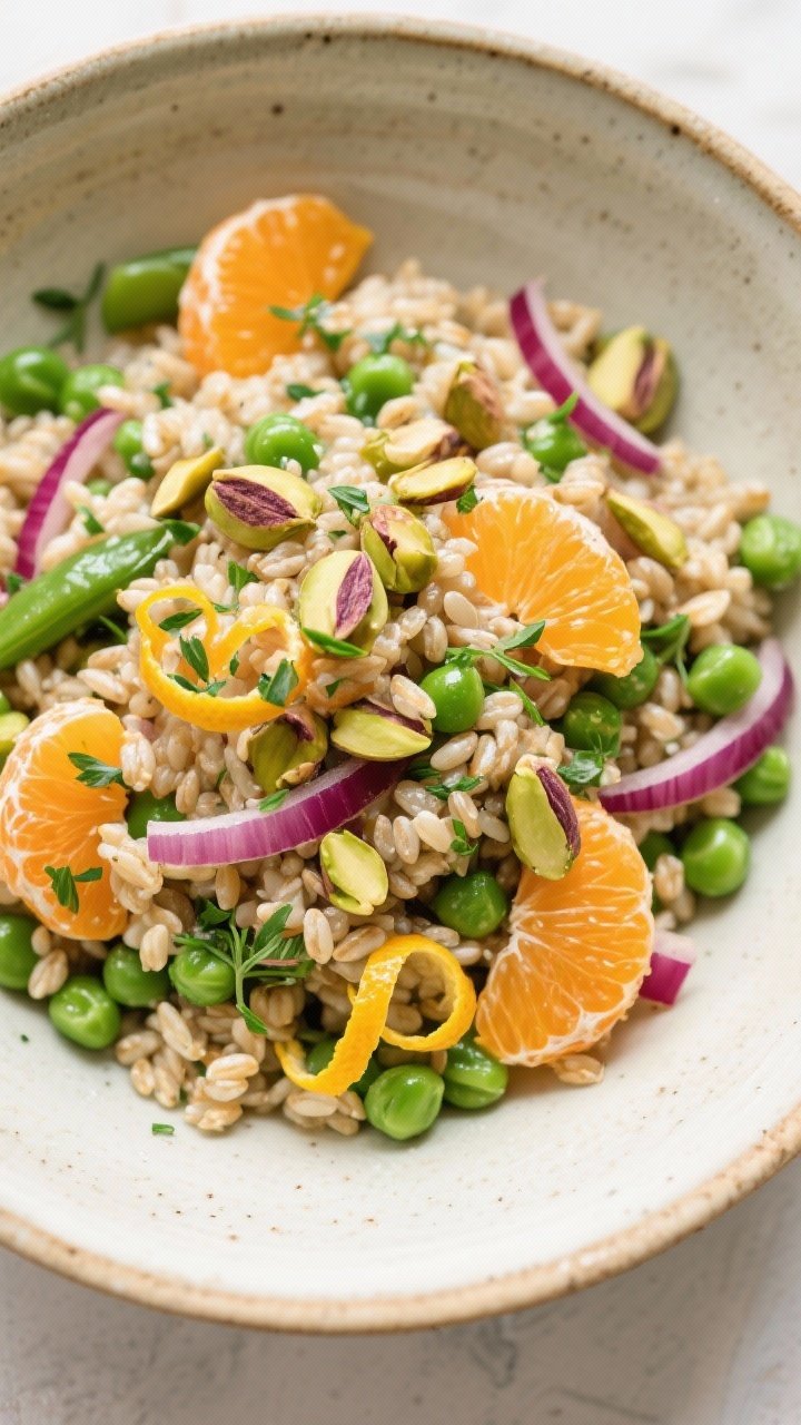 Overhead bowl of herbed farro, pea, and citrus salad: pearled farro tossed with peas, orange and clementine segments, thinly sliced red onion, and roughly chopped roasted pistachios; flecks of fresh herbs throughout; styled in a wide shallow ceramic bowl with citrus zest curls scattered; bright, springlike color palette.