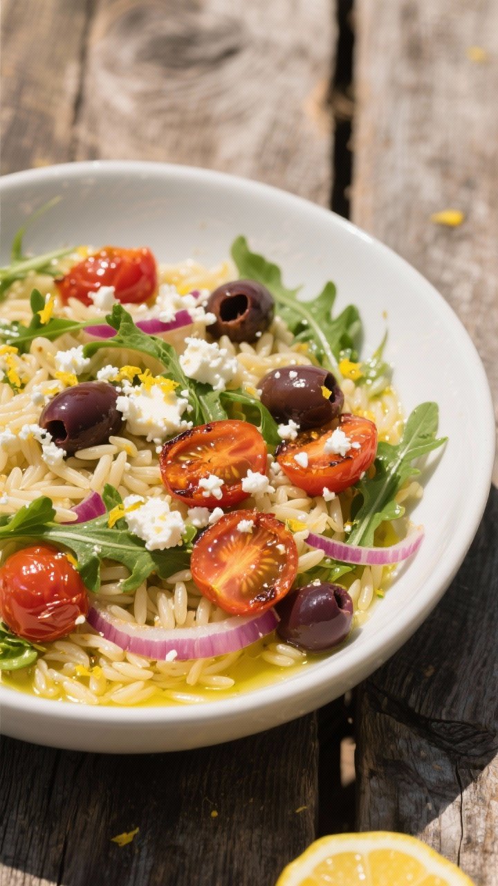 Overhead bowl of lemony orzo picnic salad: glossy orzo tossed with blistered cherry tomatoes, baby arugula, thin red onion, halved Kalamata olives, and a snowfall of crumbled feta; olive oil sheen and lemon zest flecks visible; served in a wide white bowl on a rustic wood table, bright and zesty color palette.