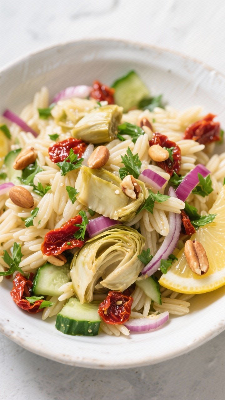 Overhead bowl of zesty orzo salad: tender orzo tossed with chopped marinated artichoke hearts, finely diced cucumber, chopped sun-dried tomatoes (in oil), minced red onion, and plenty of chopped parsley; lemony sheen on the pasta, toasted pine nuts sprinkled over; bright greens and reds pop against a white ceramic bowl; fresh, lively, Mediterranean picnic feel.