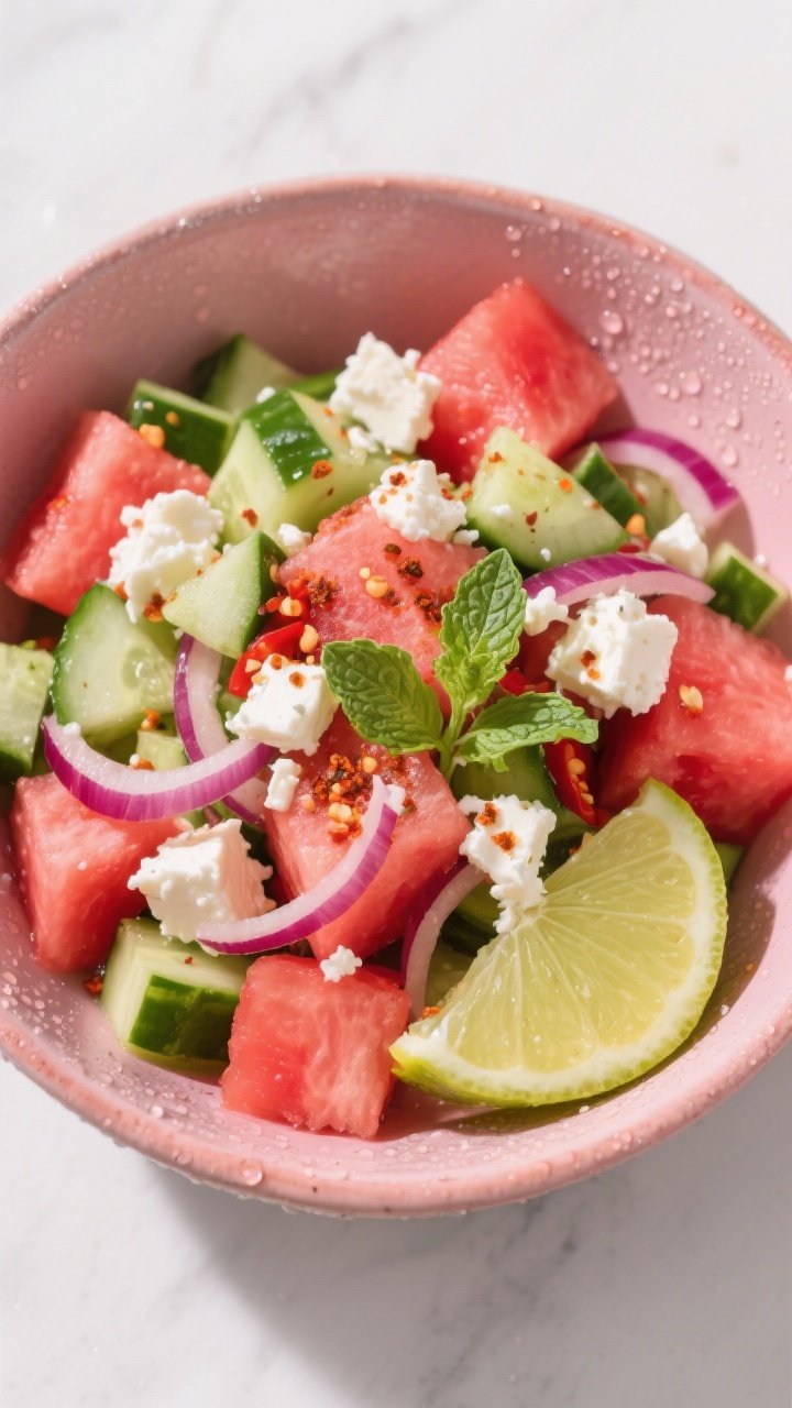 Overhead bowl of zesty watermelon feta salad: large watermelon cubes, crumbled feta, chopped English cucumbers, whisper-thin red onion slices, torn mint leaves, and a visible sprinkle of chili-lime Tajín with lime wedges squeezed nearby; high-key lighting to emphasize juiciness, icy-cold condensation on the bowl, red-pink and mint-green pop.