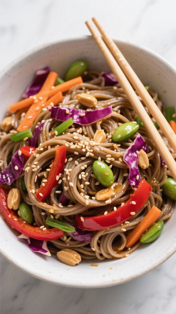 Overhead bowl shot of crunchy sesame soba noodle salad: tangled soba noodles tossed with shredded red cabbage, julienned carrots, thin red bell pepper, sliced scallions, edamame, and a glossy gingery peanut dressing; sprinkled with toasted sesame seeds; chopsticks resting on the rim; high contrast colors, crisp textures, clean modern styling.