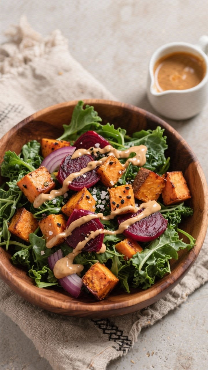 Overhead bowl shot of forest greens and roasted roots: caramelized cubes of sweet potato and beets, roasted red onion wedges, piled over mixed greens (kale, arugula, spinach). Mapled tahini drizzle zigzagging on top, flecks of black pepper and salt visible. Earthy palette with a wooden bowl, rough linen, and a small pitcher of extra maple-tahini sauce on the side.