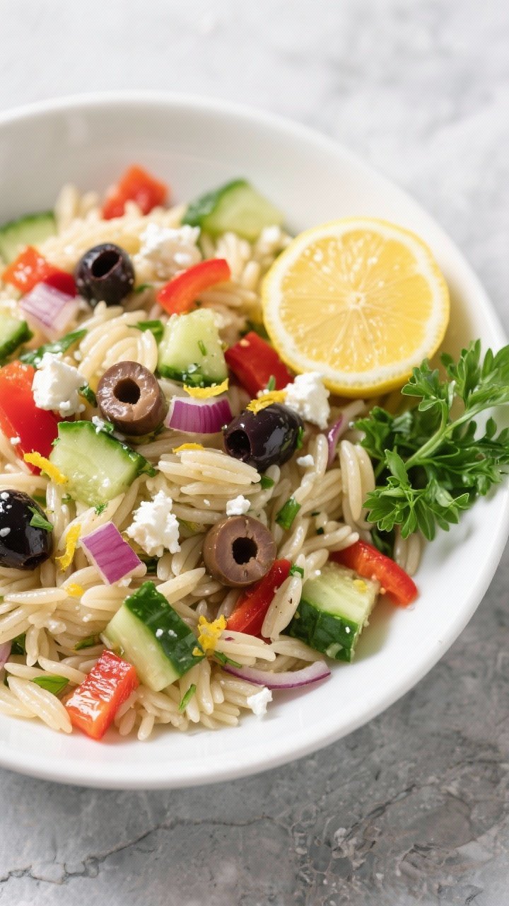 Overhead bowl shot of lemon-herb orzo salad: glossy orzo tossed with diced English cucumber, red bell pepper, finely minced red onion, halved Kalamata olives, crumbled feta, and chopped fresh parsley; lemony sheen visible on the pasta, flecks of zest; served in a wide white ceramic bowl on a cool stone background, a lemon half and parsley sprigs at the side.