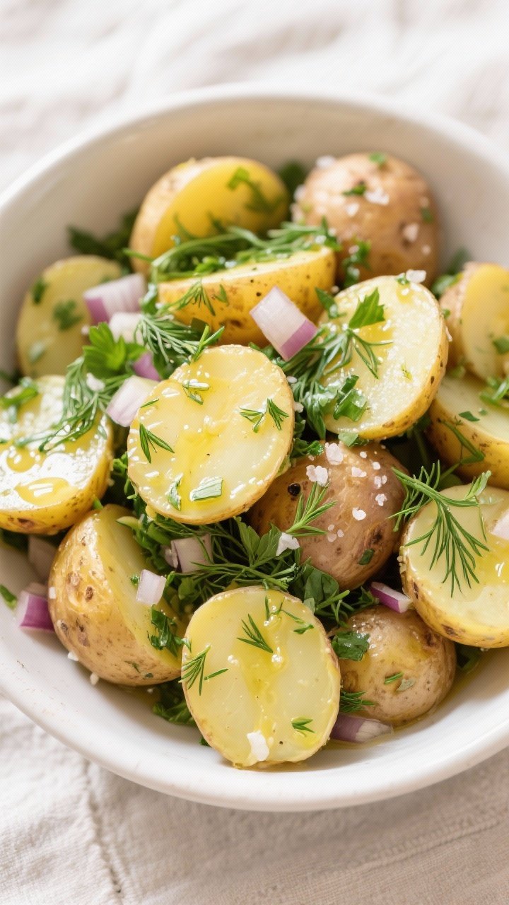 Overhead bowl shot of No-Fuss Dill Potato Salad (no mayo): halved baby Yukon gold potatoes tossed warm with minced shallot, lots of chopped fresh dill, and parsley in a tangy olive oil–vinegar style dressing; potatoes glistening, herbs vivid green, a sprinkle of flaky salt and cracked pepper; simple, fresh, picnic-friendly styling on a light linen.