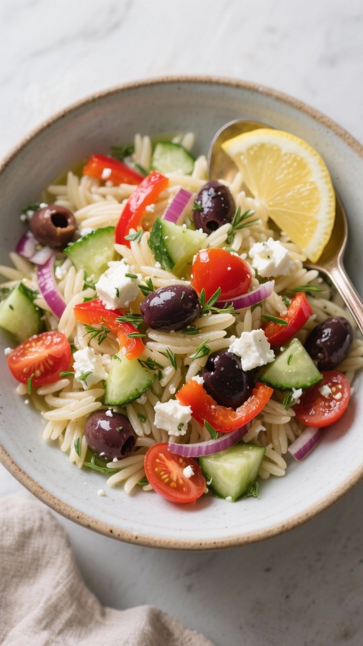 Overhead bowl shot of vibrant Greek orzo salad: tender orzo tossed with diced English cucumber, red bell pepper, finely chopped red onion, halved cherry tomatoes, Kalamata olives, and crumbles of feta, micro-condensation hinting it was chilled overnight; sprinkled oregano and a light olive oil sheen, served in a wide ceramic bowl with a lemon wedge and serving spoon.