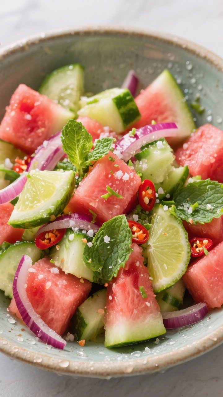 Overhead bowl shot of watermelon, cucumber, and chili-lime salt salad: big cubes of seedless watermelon, sliced seeded cucumber, ultra-thin red onion, and torn fresh mint leaves; sprinkled generously with lime zest and chili-lime salt, lime juice beading on surfaces; icy-cold condensation on the ceramic bowl, refreshing, high-saturation summer tones.